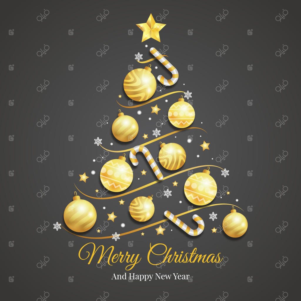 درخت کریسمس با تزئینات طلایی واقعی