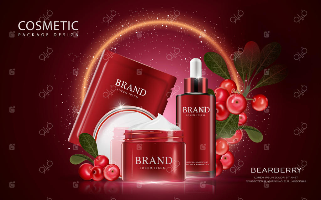 تصویر سه‌بعدی از ماکت لوازم آرایشی با مواد اولیه روی پس‌زمینه قرمز تیره