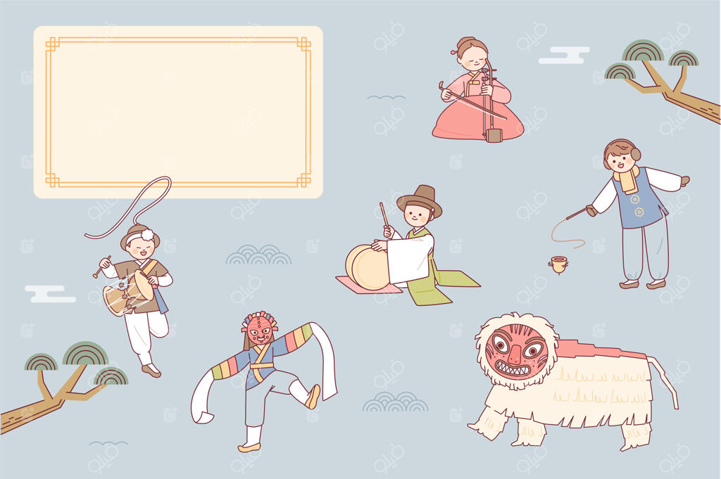 شخصیت‌هایی که فرهنگ سنتی کره‌ای را نشان می‌دهند، با فضایی خالی در پس‌زمینه