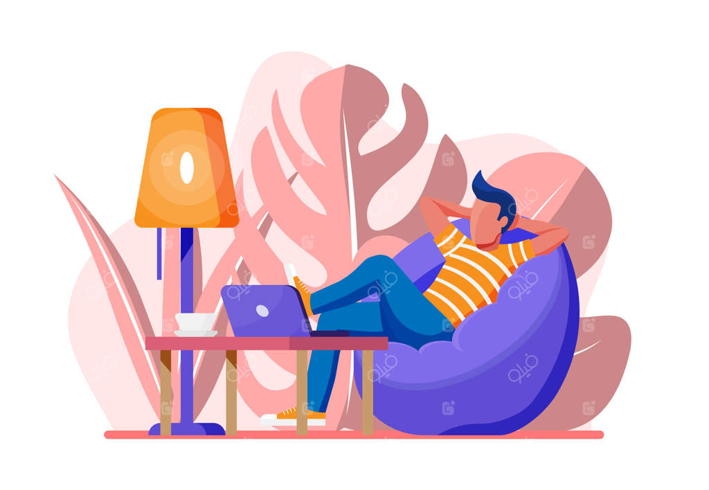 فریلنسری روی صندلی راحتی با لپ‌تاپ: کسب‌وکار آرام در خانه. شخصیت با لباس راحتی و نشسته با کامپیوتر. میز، لامپ، قهوه و گیاه. سبک فلت وکتور