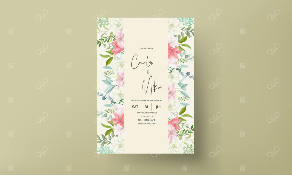 دعوتنامه عروسی شیک با نقاشی دستی گل‌ها و برگ‌های زیبا