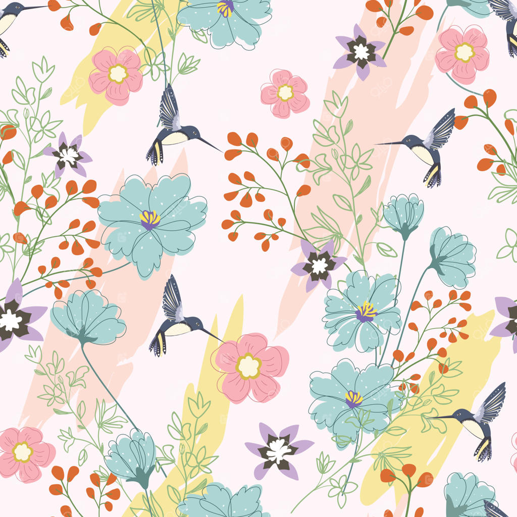 پترن یکپارچه مرغ مگس‌خوار زیبا در میان گل‌های وحشی