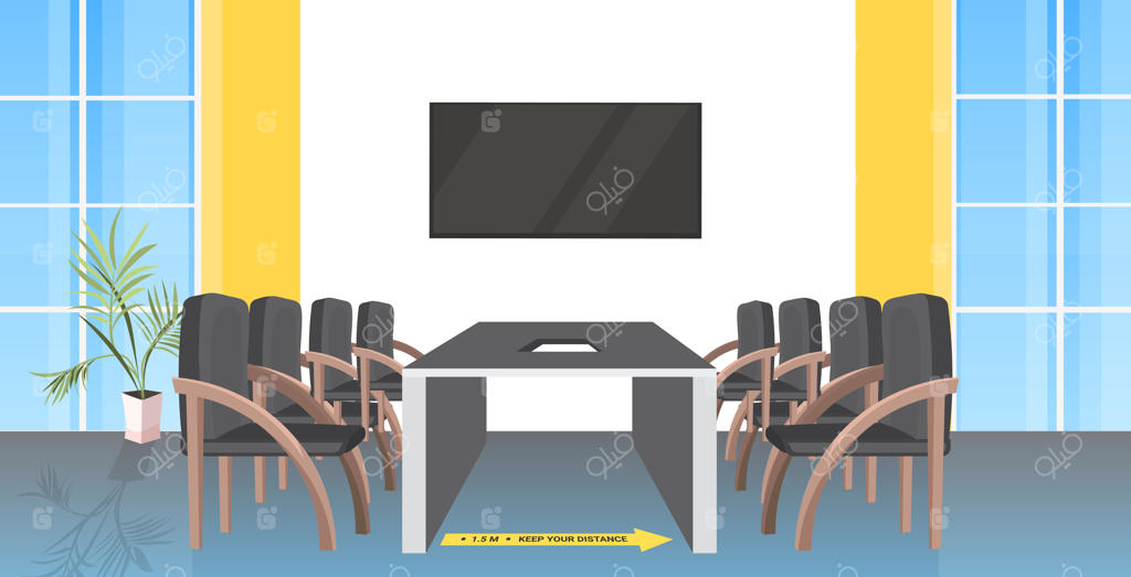 میز گرد اتاق جلسه با برچسب‌های زرد فاصله‌گذاری اجتماعی در دوران همه‌گیری کرونا