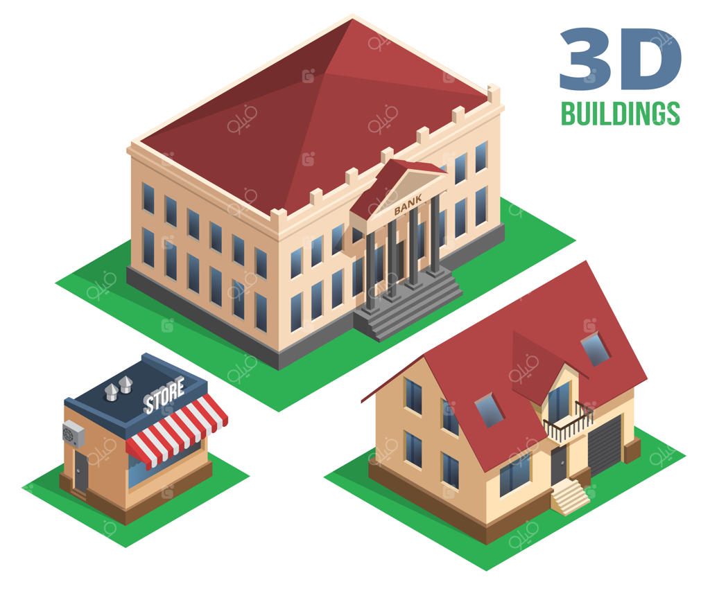 تصویر ایزومتریک فروشگاه و ساختمان خانه بر روی پس‌زمینه سفید.