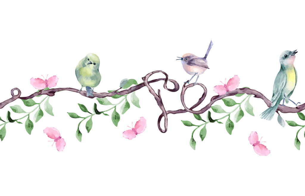 مرز سبز بدون درز با پرندگانی روی شاخه درخت به صورت آبرنگ جدا شده. قلب‌ها، پرندگان مختلف و پروانه‌های صورتی بر روی بافت طبیعی تکرار شده. بنر بدون درز از شاخ و برگ و حیوانات جنگلی ترسیم شده.