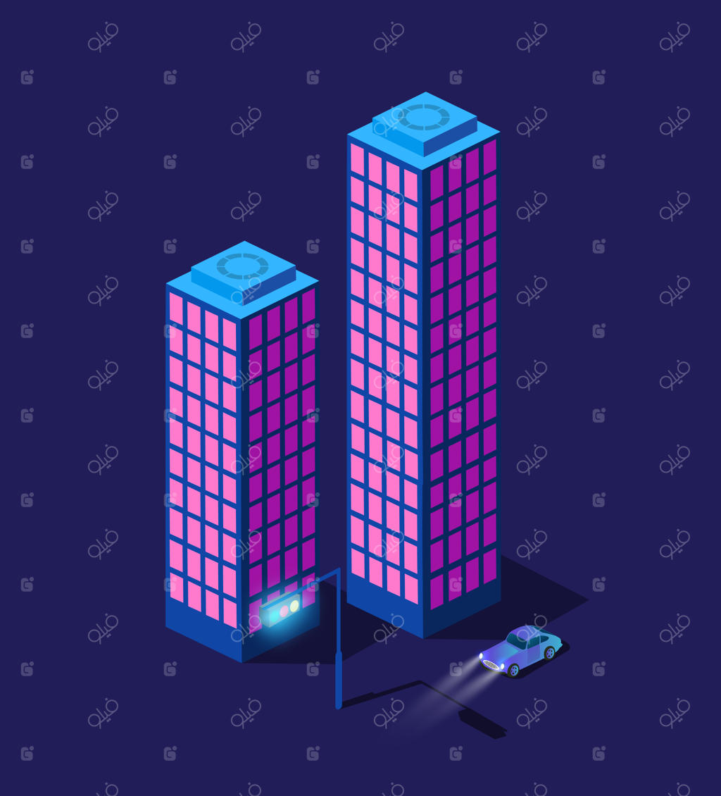 شهر هوشمند سه بعدی آینده در شب با نورپردازی نئون و فرابنفش