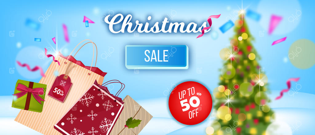 بنر فروش ویژه تعطیلات زمستانی کریسمس با درخت تزیین شده، کیسه‌های خرید، جعبه هدیه و برچسب قیمت