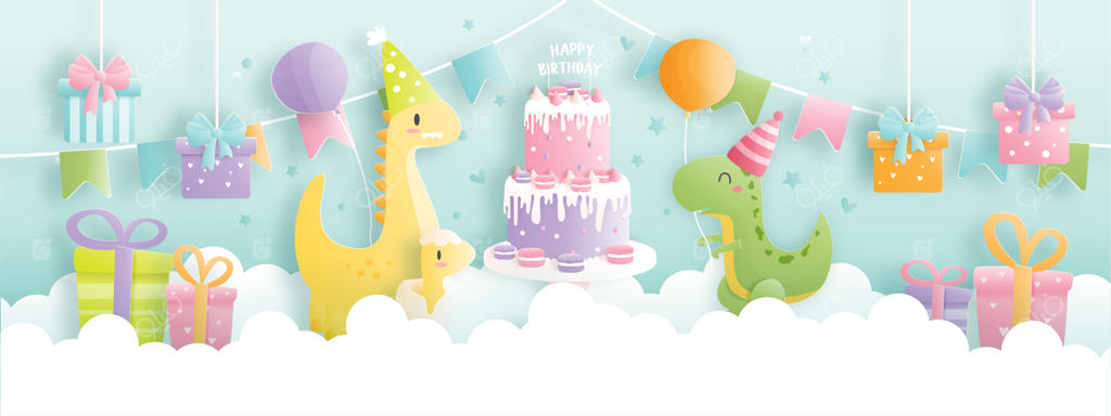 بنر کارت تولد با دایناسور بامزه و جعبه‌های هدیه و کیک تولد.