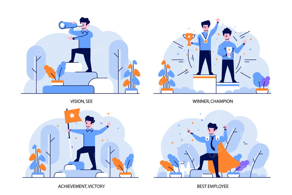 طرح ایلوستریشن به سبک فلت و خطوط، دید، برنده، قهرمان، دستاورد، پیروزی، بهترین کارمند