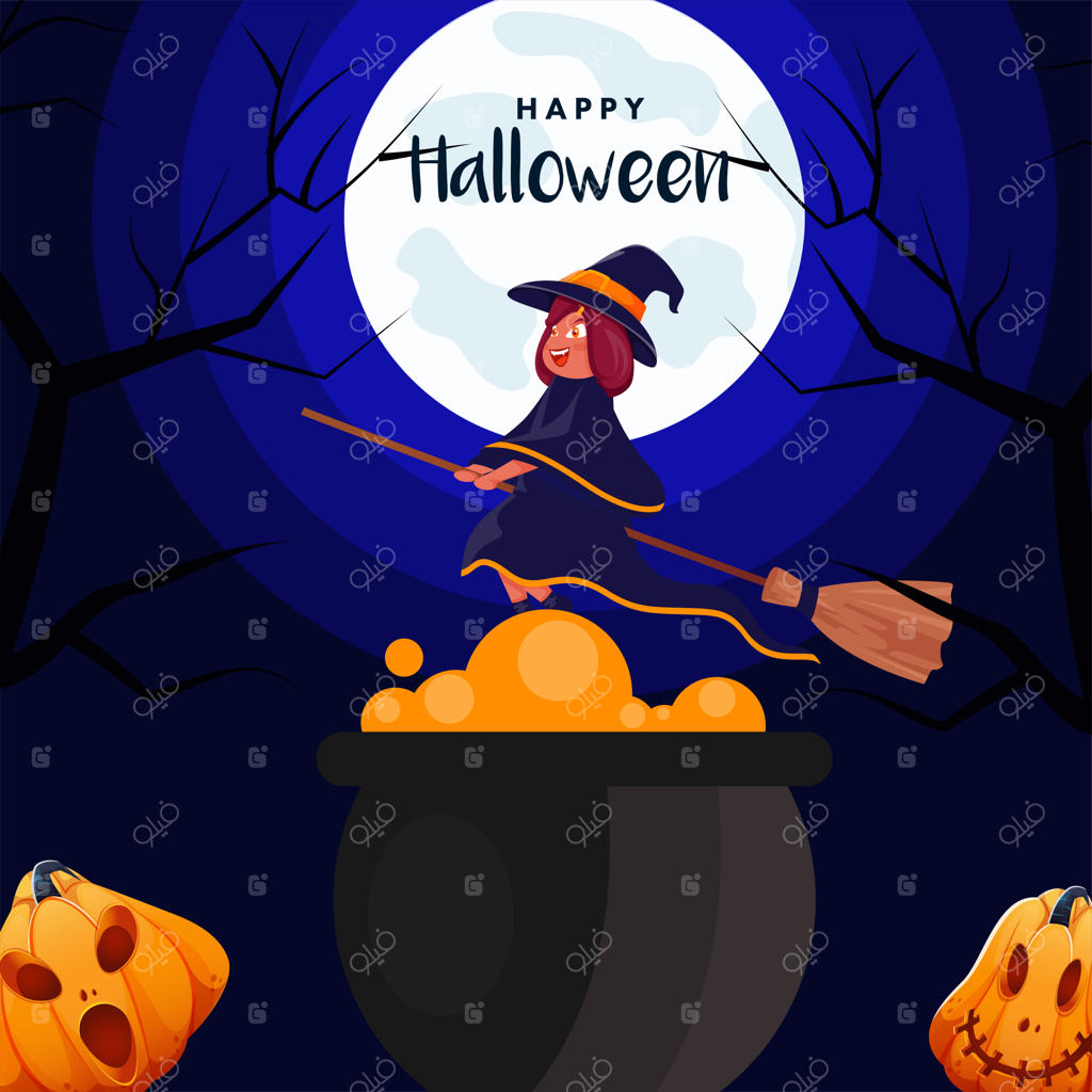 ماه کامل در پس‌زمینه آبی با جادوگری کاریکاتوری در حال پرواز بر جارویش، کدوهای ترسناک، درختان خشک و دیگ جوشان برای هالووین شاد.
