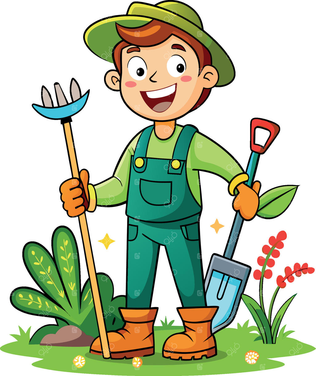 پسر باغبان با لبخند، بیل و شنکش در دست، در باغچه