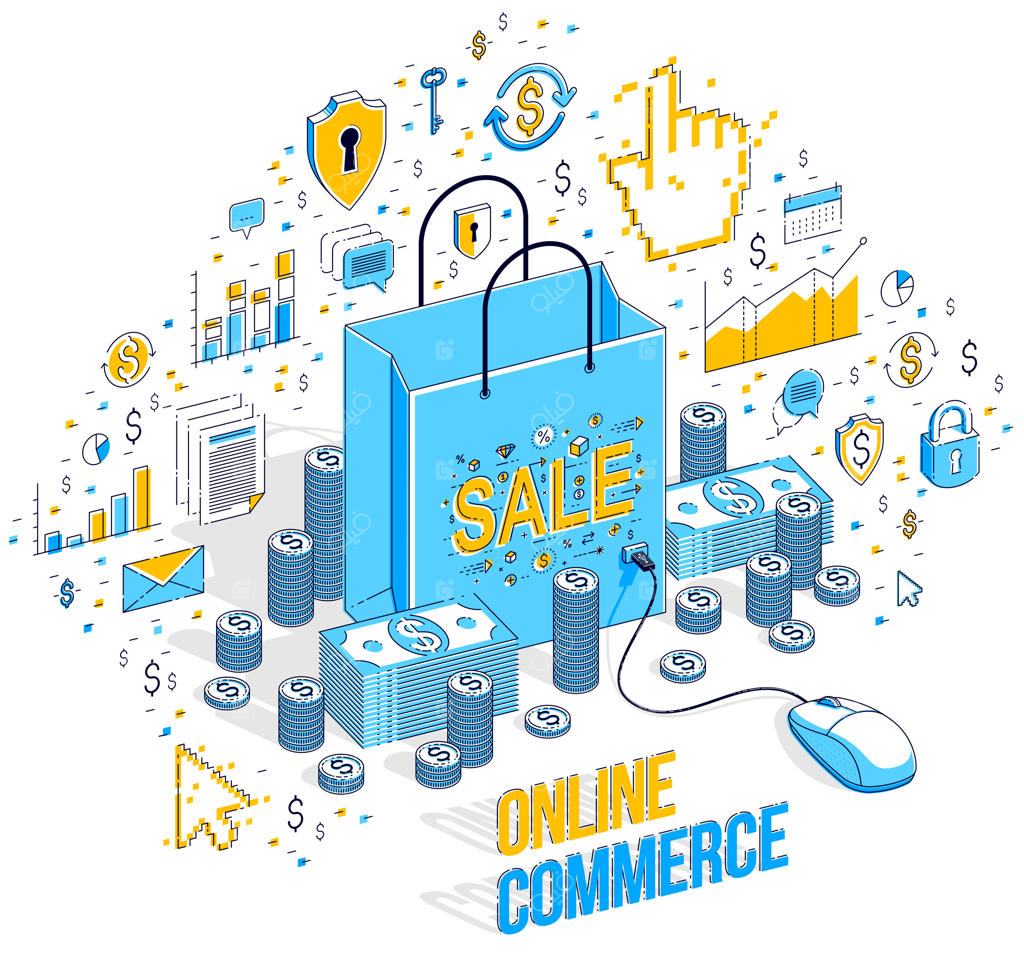 مفهوم فروشگاه آنلاین: فروشگاه اینترنتی و فروش آنلاین به همراه کیف خرید و موس کامپیوتر متصل در پس‌زمینه سفید. تصویر سه‌بعدی ایزومتریک مالی با آیکون‌ها، نمودارهای آماری و عناصر طراحی.