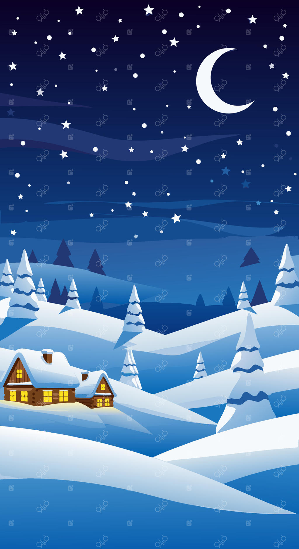 تصویرسازی شب آرام زمستانی از منظره روستای برفی با خانه‌های روشن در زیر نور ستارگان