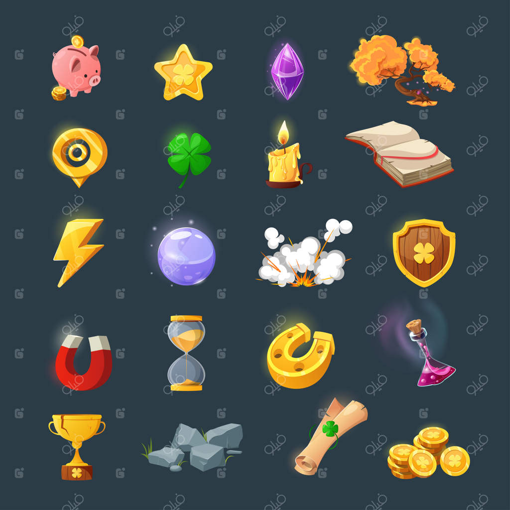 مجموعه‌ای از آیتم‌های متنوع برای طراحی رابط کاربری بازی: آیتم‌های جادویی کارتونی و منابع برای بازی فانتزی. سکه‌های طلا، کتاب، شمع، جواهر، صندوق و شبدر.