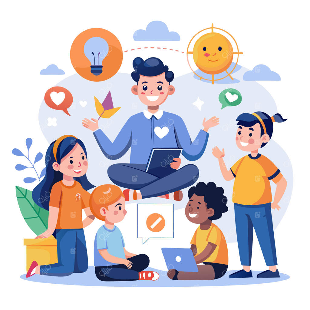 معلم مهربان با تبلتی در دست، به صورت چهارزانو در هوا نشسته و چهار دانش‌آموز دور او را گرفته‌اند. ابرها، قلب‌ها و یک لامپ نمادین در پس‌زمینه دیده می‌شوند.