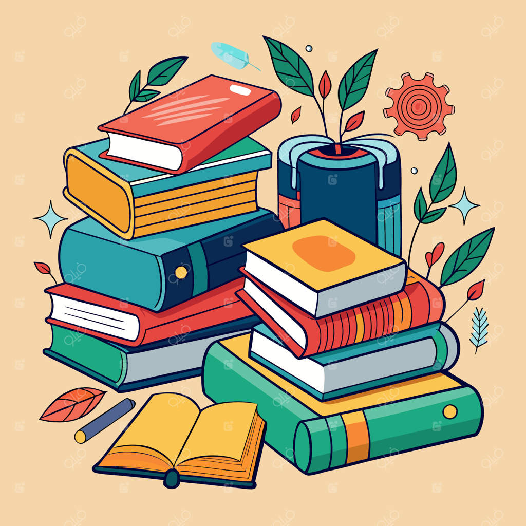 تصویرسازی خلاقانه و رنگارنگ آموزشی با کتاب‌ها و لوازم‌التحریر مدرسه