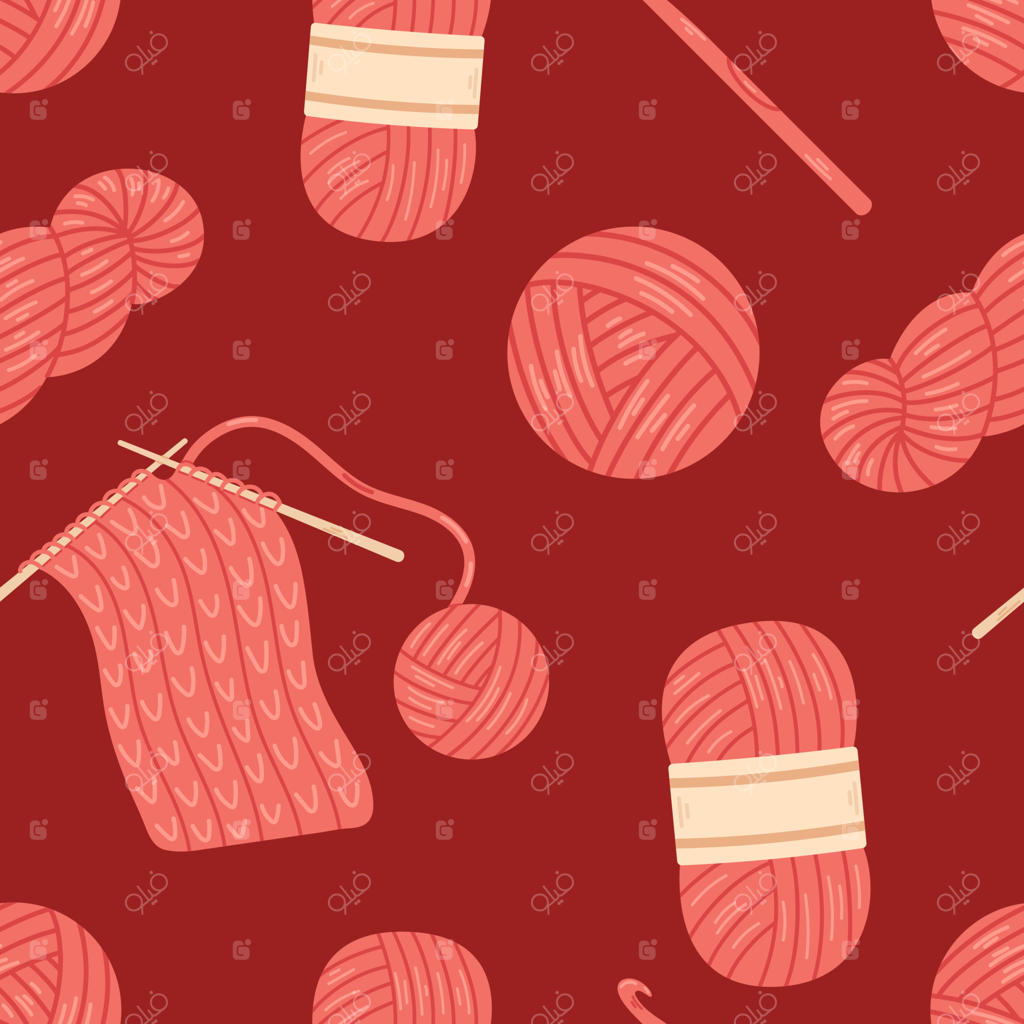 الگوی یکپارچه با توپ‌های نخ و کلاف‌های پشمی، میل‌های بافندگی و قلاب‌های بافتنی. پس‌زمینه‌ای با ابزارهای بافندگی در رنگ‌های قرمز. سرگرمی بافتنی دنج. الگوی نخ پشمی در طراحی ساده.