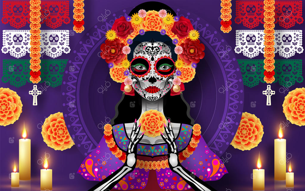 روز مردگان: جمجمه شکری با گل‌های همیشه‌بهار