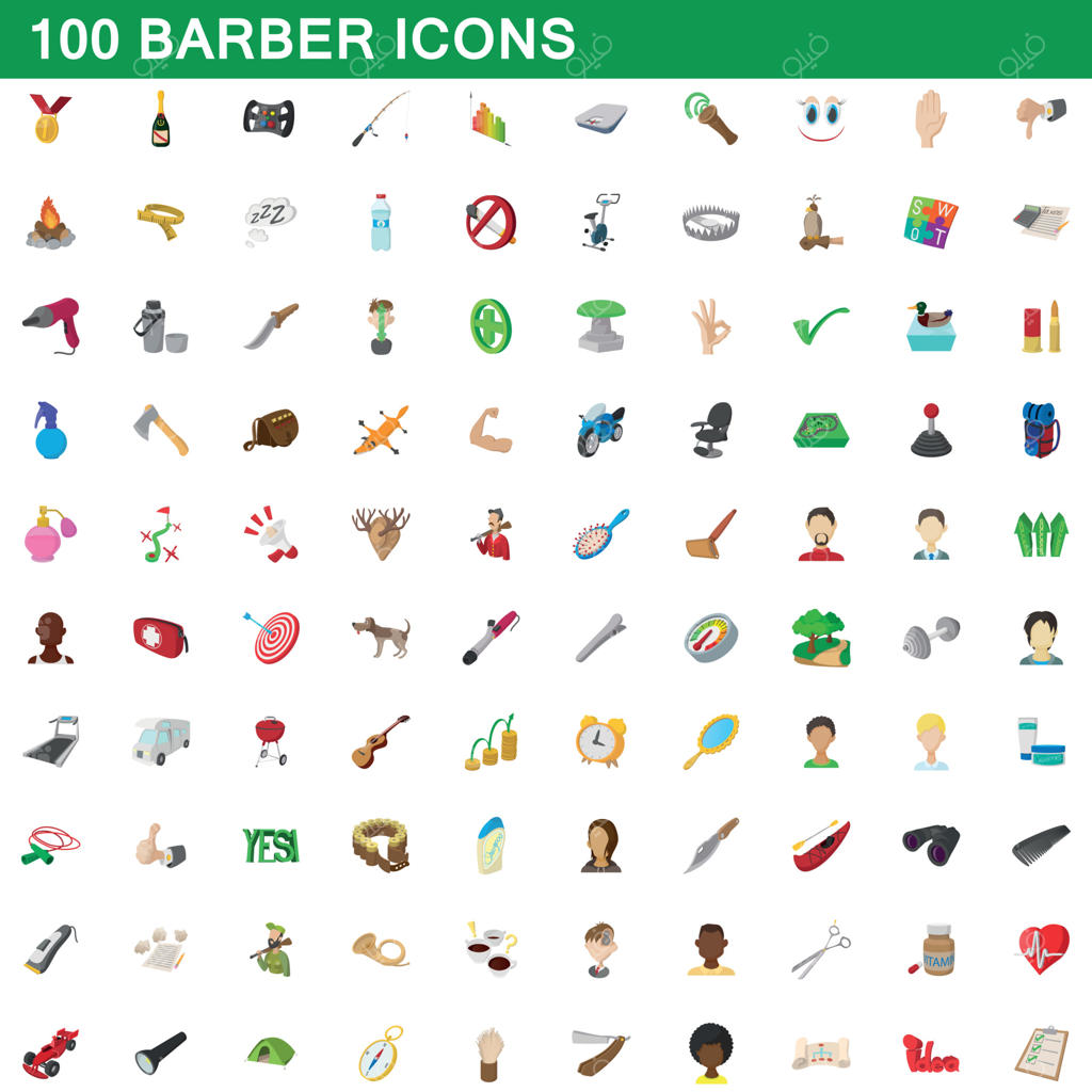 ست 100 آیکون آرایشگر، به سبک کارتونی