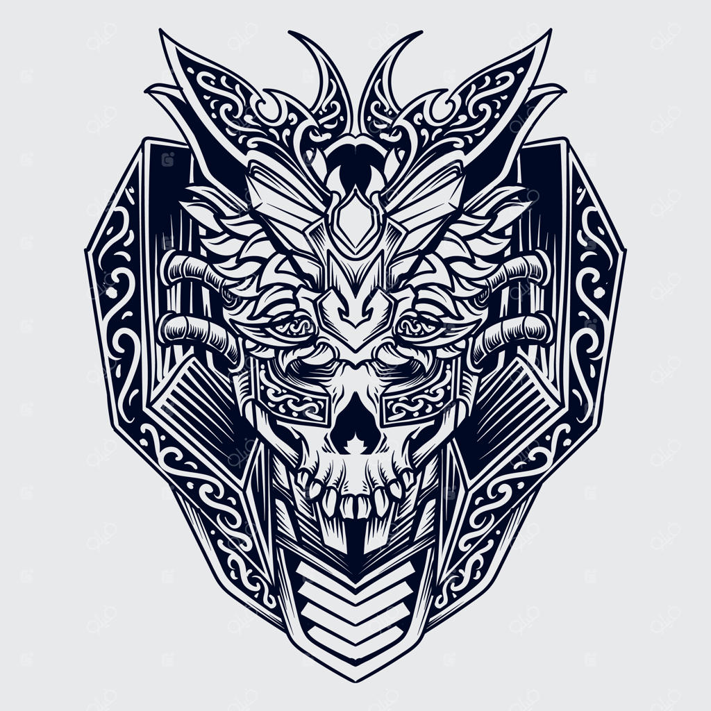 طراحی تتو و تی‌شرت: گرگ و جمجمه سیاه و سفید، نقاشی دست‌ساز