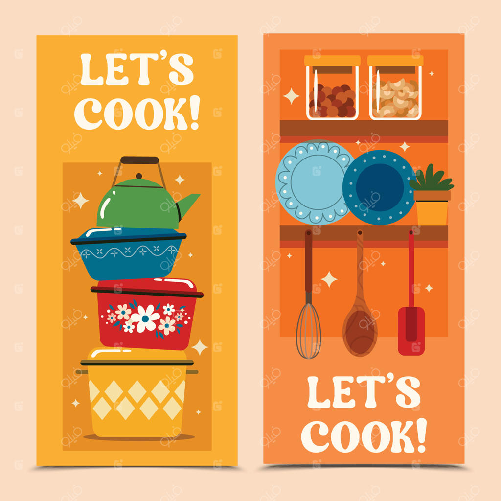 ست عمودی بنر کارتونی وسایل آشپزخانه
