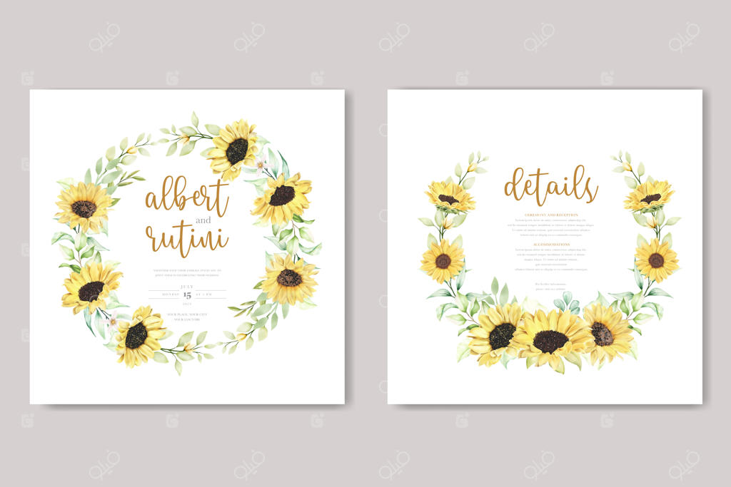 مجموعه کارت دعوت عروسی با طرح گل آفتابگردان آبرنگی