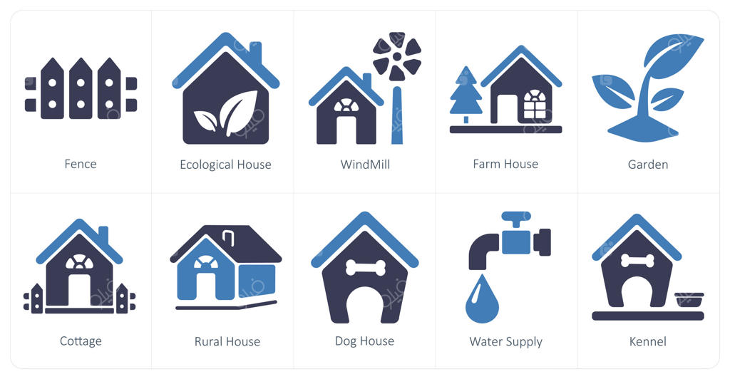 مجموعه ۱۰ آیکون املاک و مستغلات شامل حصار، خانه اکولوژیک و آسیاب بادی