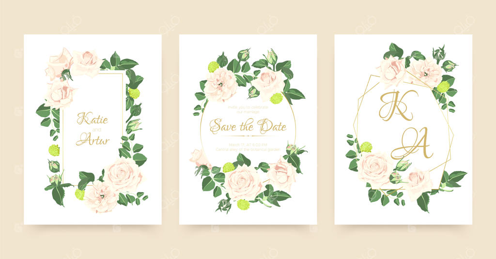 مجموعه کارت‌های عروسی شیک با تاج گل رز