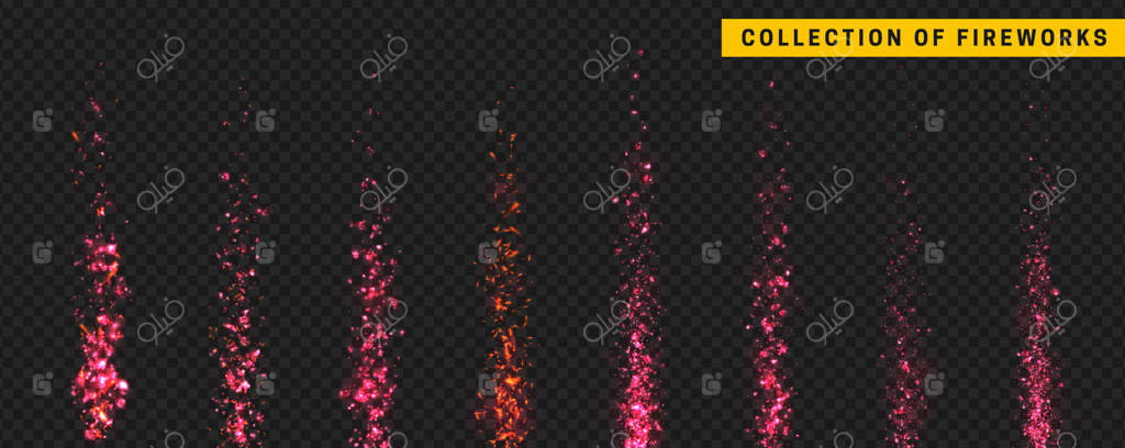نورهای آتش‌بازی. انفجارهای آتش‌بازی. مجموعه‌ای از جلوه‌های نوری با طراحی واقعی. تصویر وکتور