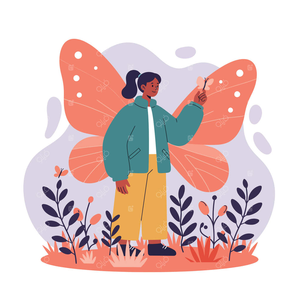زن با بال‌های پروانه‌ای در باغ گل‌ها با تصویر پروانه‌ای در رنگ‌های ملایم پاستلی ایستاده است.