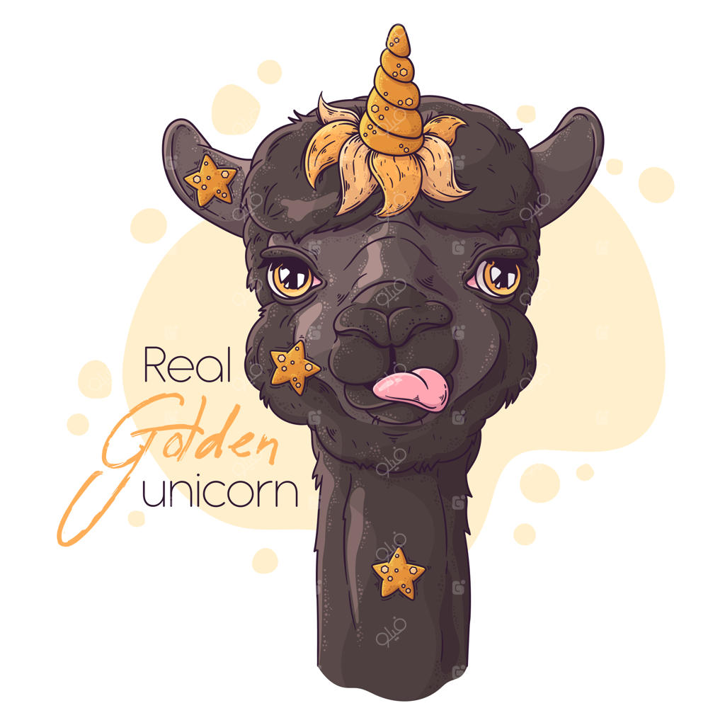 پرتره‌ی آلپاکای بامزه با شاخ تک‌شاخ.