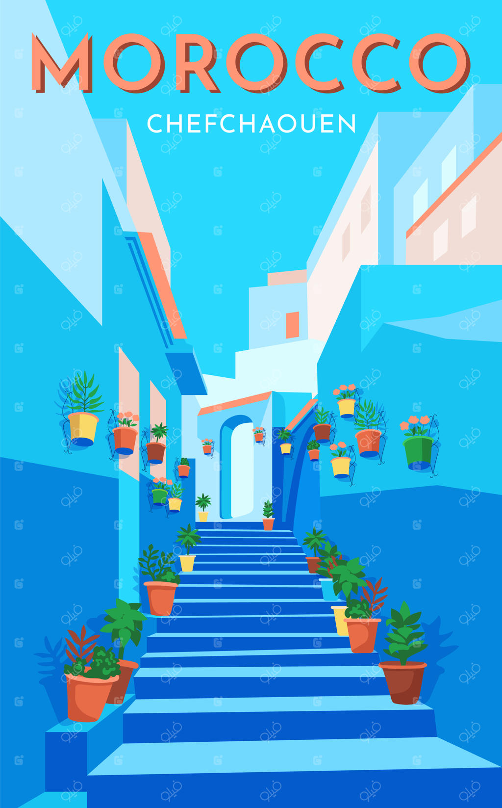 پوستر سفر به مراکش، بنر قدیمی: خیابان گل آبی در شهر قدیمی شفشاون.