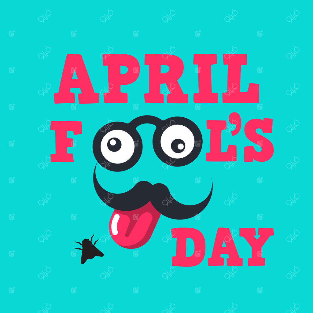 تصویرسازی وکتور دروغ اول آوریل با متن رنگارنگ، عینک سبیل‌دار بامزه و زبان به سبک کارتونی و طراحی تخت در پس‌زمینه سفید مناسب بنر طنز