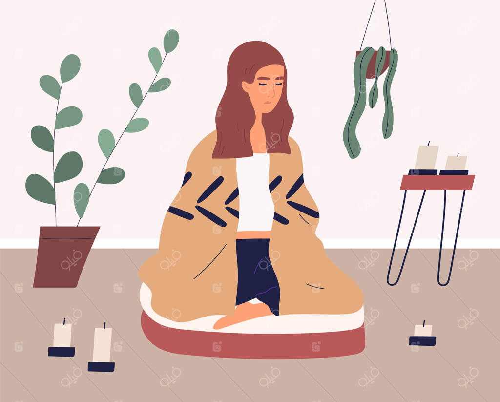 زن در حال مدیتیشن با نشستن به صورت چهارزانو بر روی کوسن یوگا. فردی آرامش‌یافته که در خانه به تمرین تمرکز ذهن یا مدیتیشن ویپاسانا و تمرینات کنترل تنفس می‌پردازد. تصویر وکتور با رنگ‌های شاد.