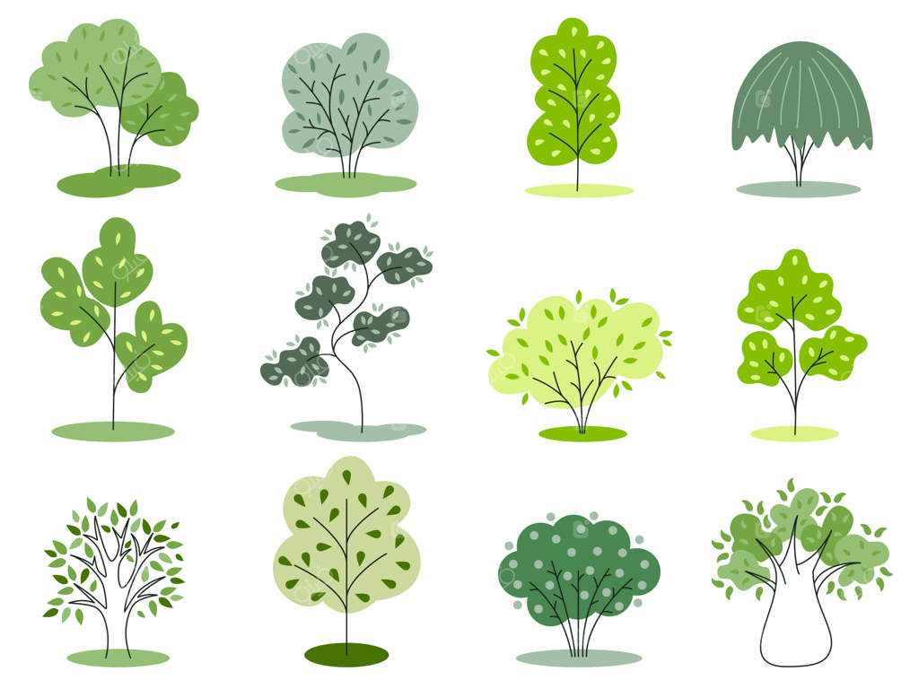 مجموعه درختان بهاری با برگ‌های سبز در سبک تخت - مجموعه‌ای از درختان مختلف