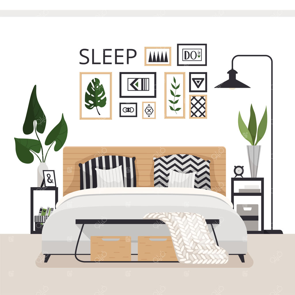 اتاق خواب مدرن و شیک به سبک اسکاندیناوی. دکوراسیون ساده و دنج با کشوها، تختخواب، نقاشی‌ها، فرش و گیاهان.