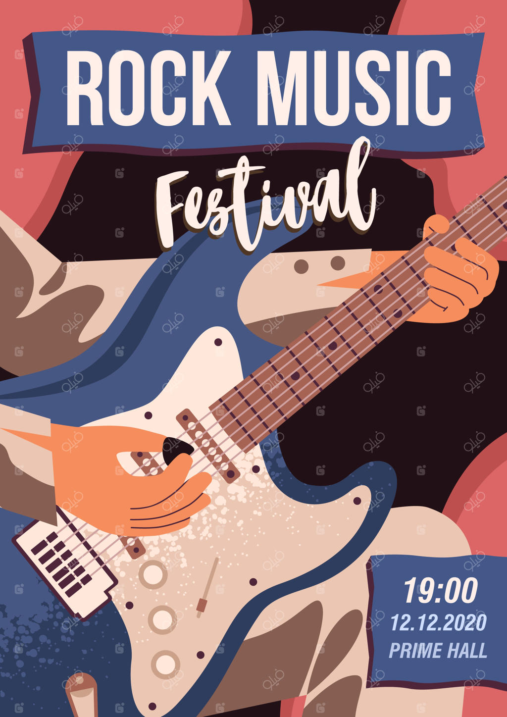 پوستر تبلیغاتی فستیوال موسیقی راک - طراحی وکتور و فلت. قالب اطلاع‌رسانی با نوازنده گیتار باس آکوستیک و جایگاه متن. بروشور رنگارنگ جشن یا کنسرت.
