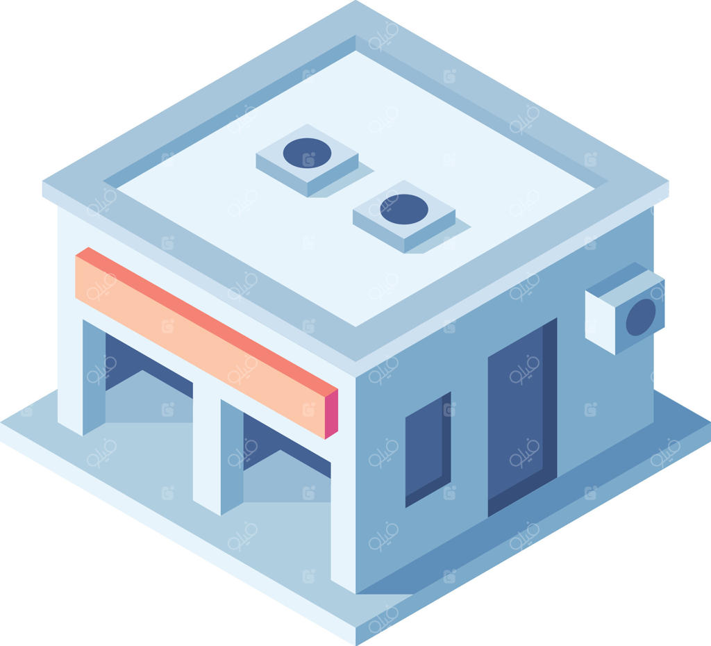 تصویر ایزومتریک از یک ساختمان تجاری مدرن با درب گاراژ، تابلوی بزرگ خالی و واحدهای تهویه مطبوع