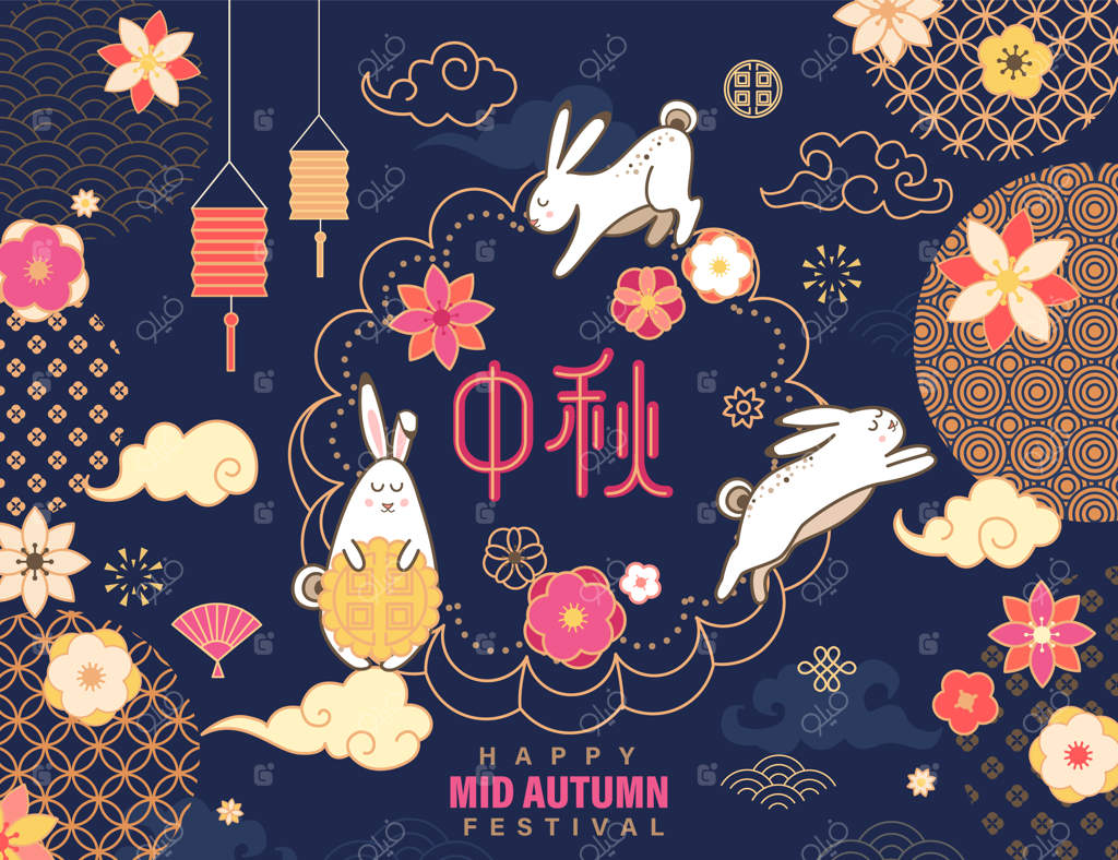 کارت چینی تبریک جشنواره نیمه پاییز با خرگوش‌ها، کیک ماه، گل‌ها و فانوس‌ها برای تعطیلات چوسوک - عالی برای تبریک‌ها و پوسترها و وب، وکتور