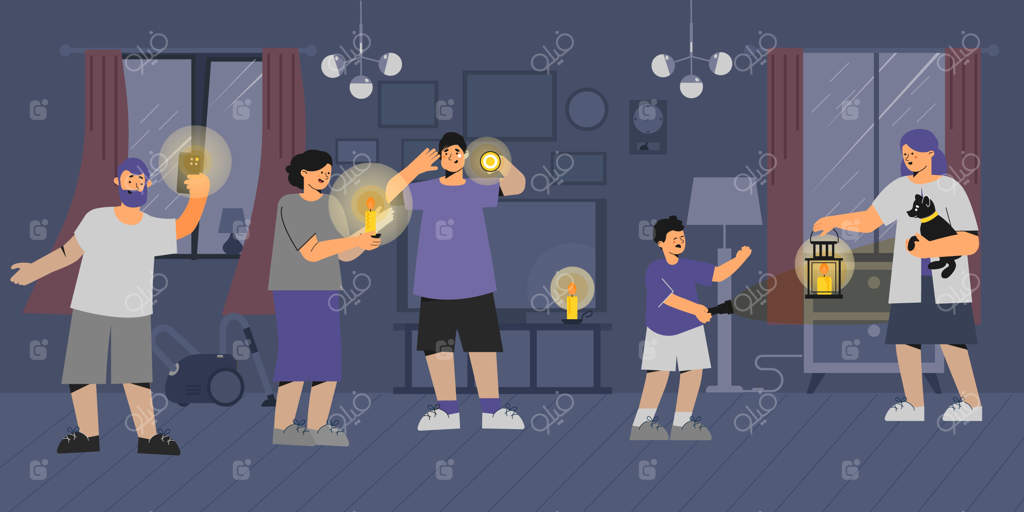 قطعی برق: نمای داخلی اتاق نشیمن با اعضای خانواده که چراغ‌قوه در دست دارند، تصویرسازی وکتور