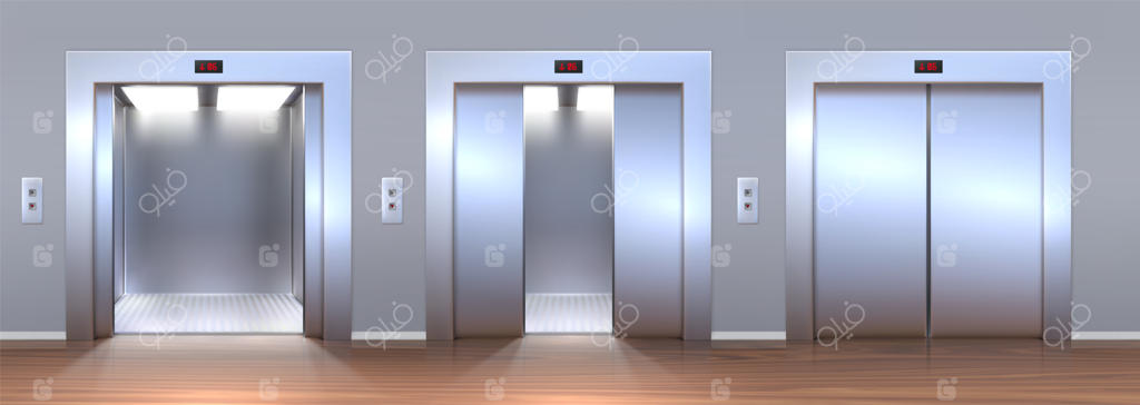 فضای داخلی واقع‌گرایانه لابی با آسانسورهای باز و بسته. راهروی خالی دفتر با آسانسورهای فلزی. مجموعه‌ گرافیکی آسانسور مسافری یا باری.