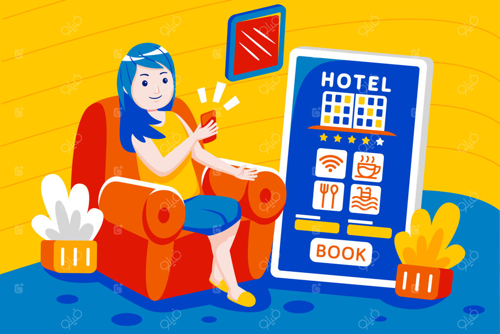 زن جوان در حال رزرو آنلاین هتل با اپلیکیشن موبایل