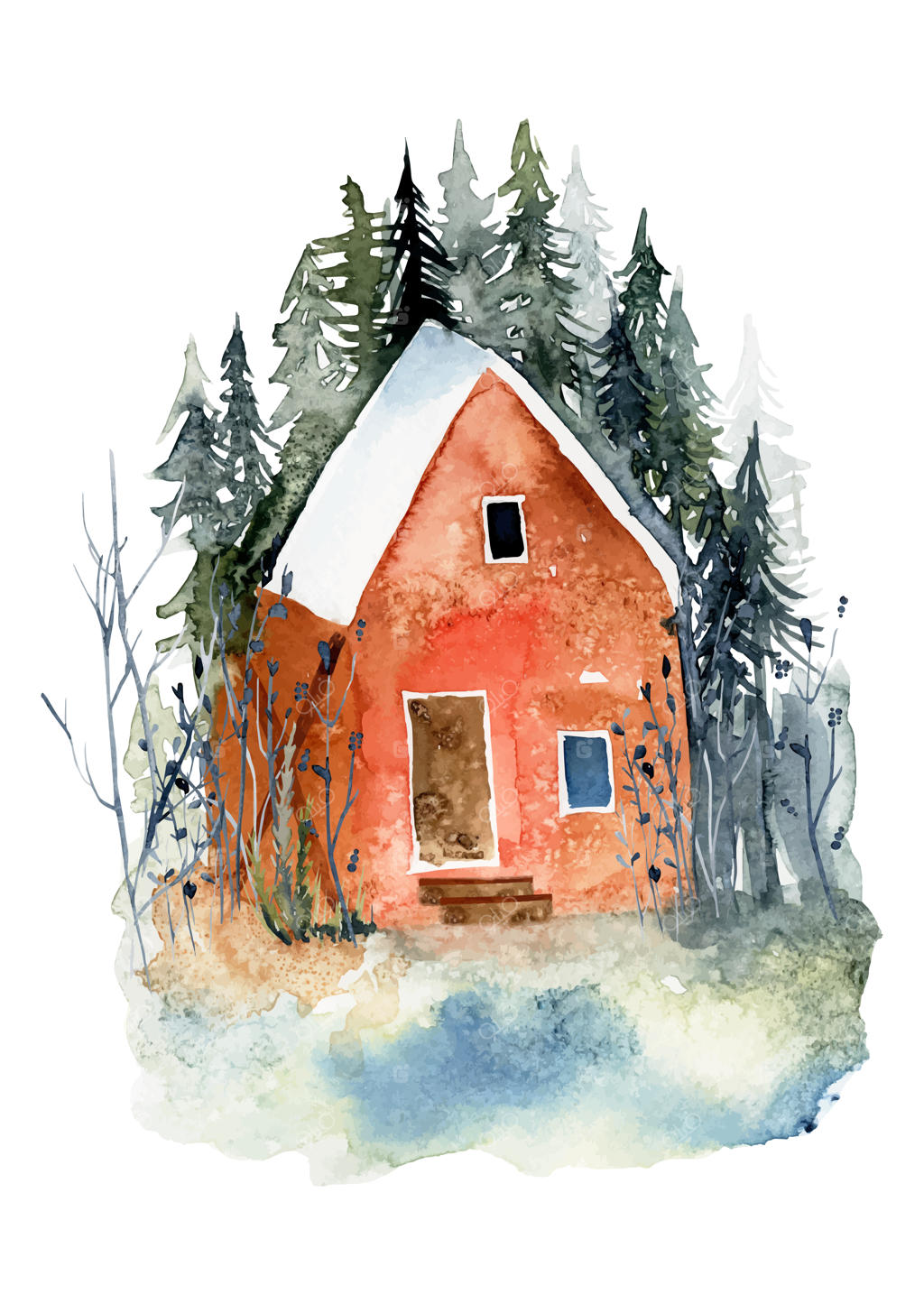 نمای زمستانی آبرنگی از کلبه در جنگل: صحنه‌ای از جنگل زمستانی با آبرنگ