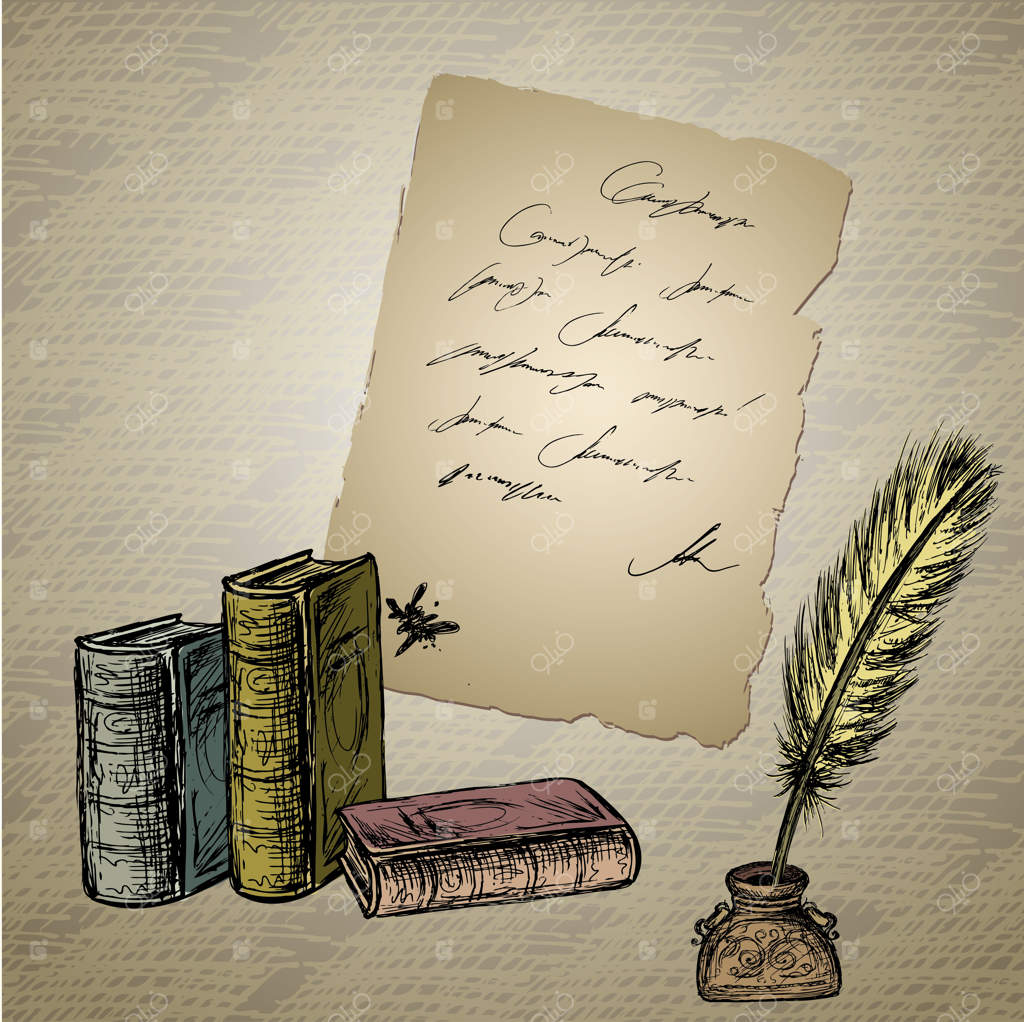 طرح نوستالژیک: قلم‌دان زیبا با پر غاز و کاغذ قدیمی همراه با نوشته