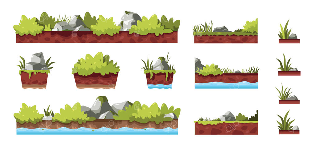 چمن و سنگ: مجموعه وکتور عناصر طبیعی شامل سنگ‌های کارتونی، بوته، درخت، برگ، خزه و شاخ و برگ مختلف برای طراحی بازی