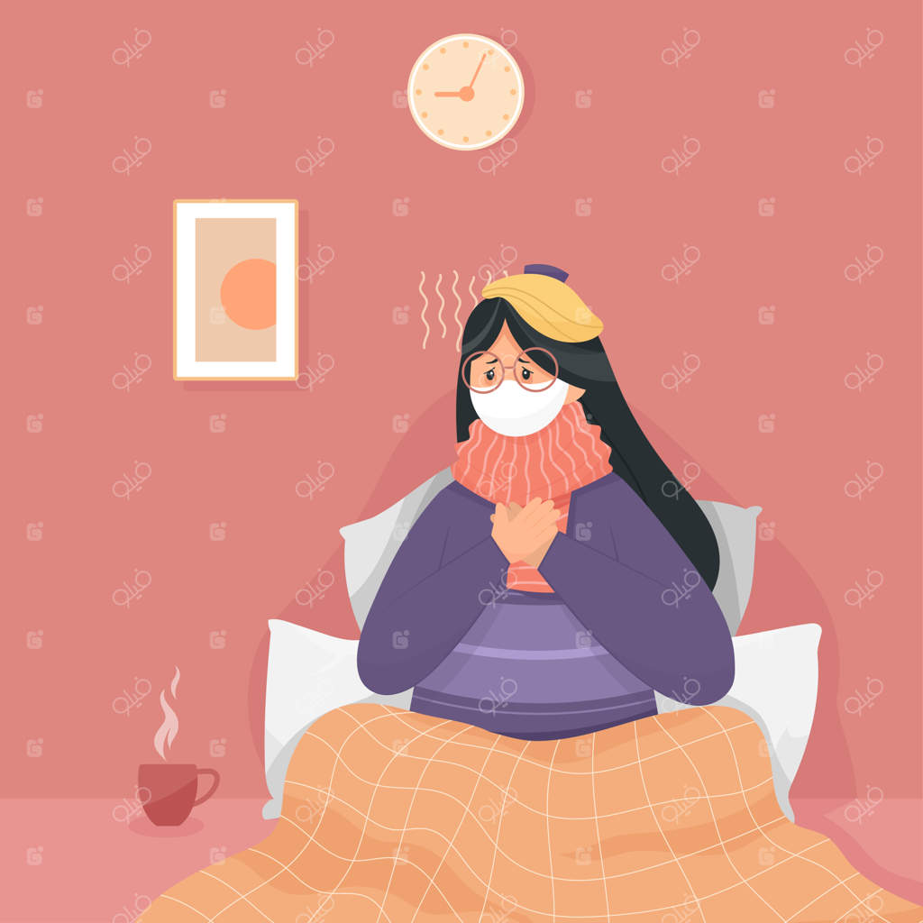 زنی با گلودرد و ماسک در خانه قرنطینه شد تا علائم ویروس کرونا را بررسی کند.
