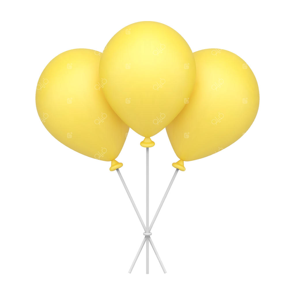 آیکون سه‌بعدی واقع‌گرایانه: بادکنک هلیومی زرد و براق روی چوب پلاستیکی