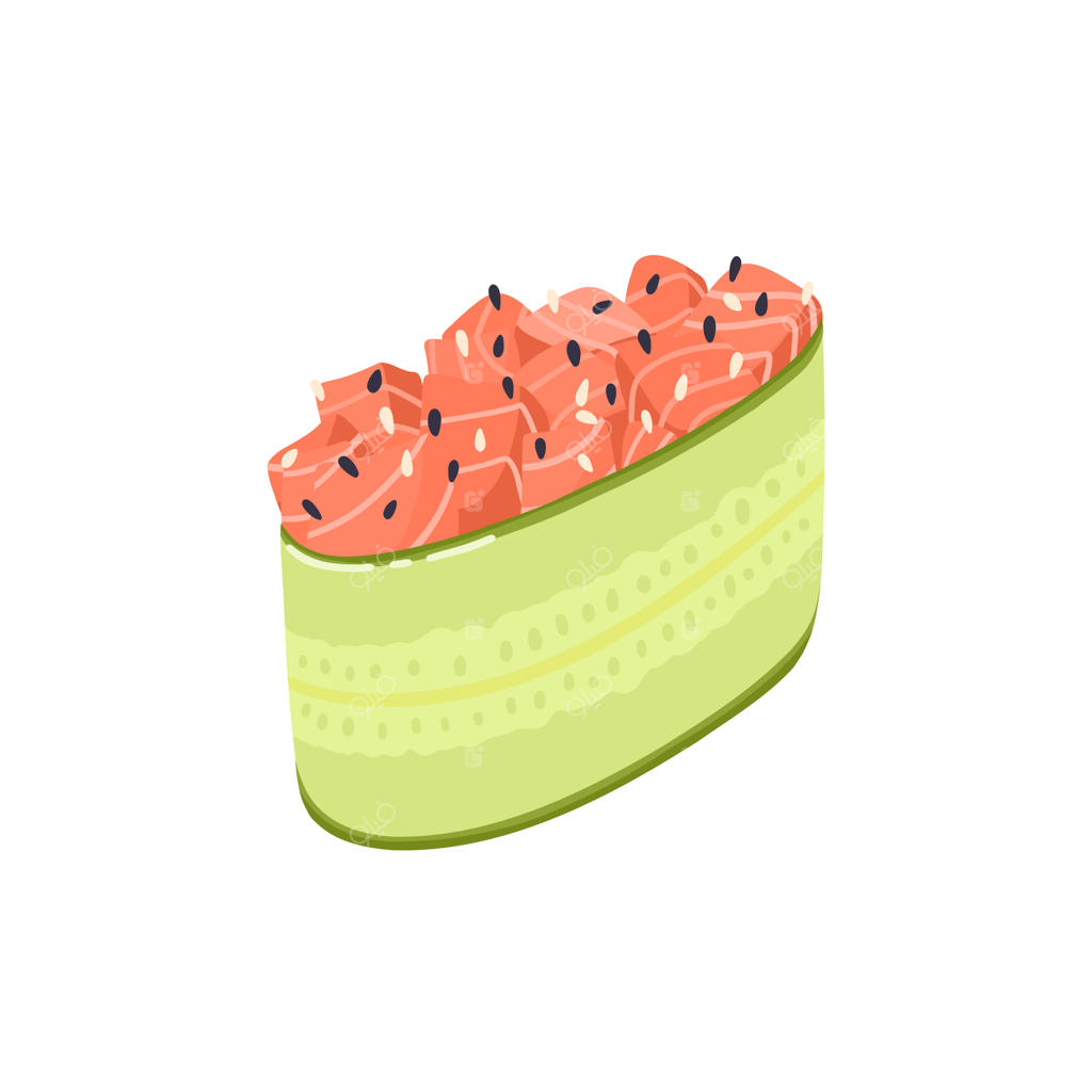 گونکی سوشی ژاپنی با ماهی سالمون و دانه‌های کنجد پیچیده شده در خیار. کلیپ آرت وکتور.