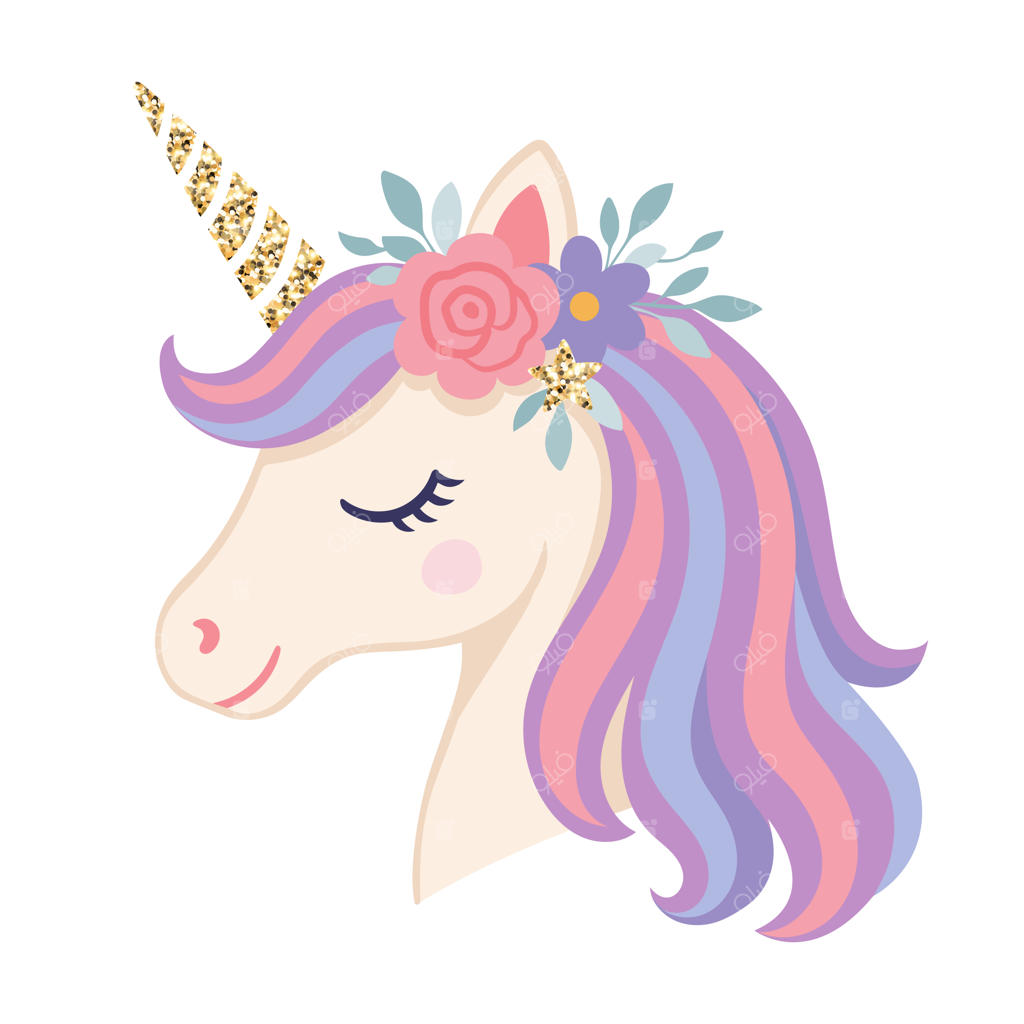 طرح کودکانه اسب تک‌شاخ فانتزی با گل‌ها و اکلیل در رنگ‌های پاستلی وکتور