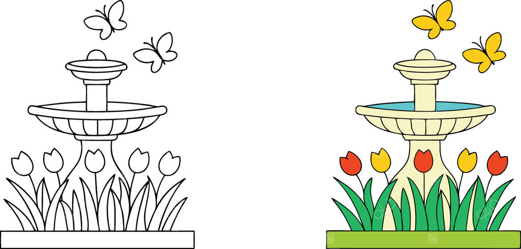 صفحه رنگ آمیزی فواره باغ بهاری: لاله‌ها، پروانه‌ها و آب